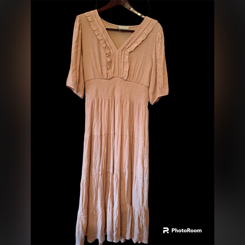J Gee Dress Women’s  XL Boho  Cottage Core Smocked Waist Short Sleeve Midi Pink